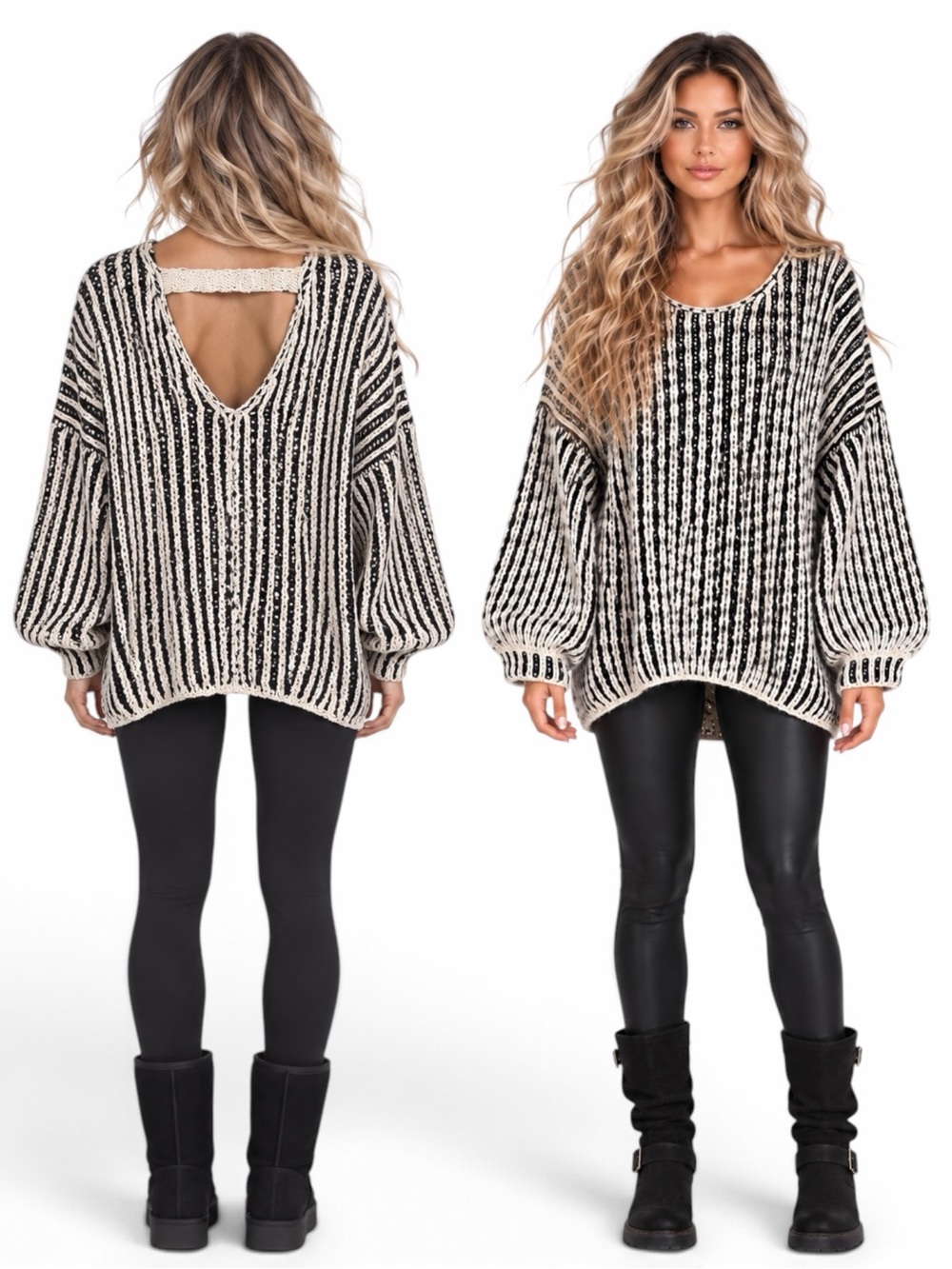 POL – Oversized Chunky Knit Open Back Striped Sweater – Black Ivory – Sz. L